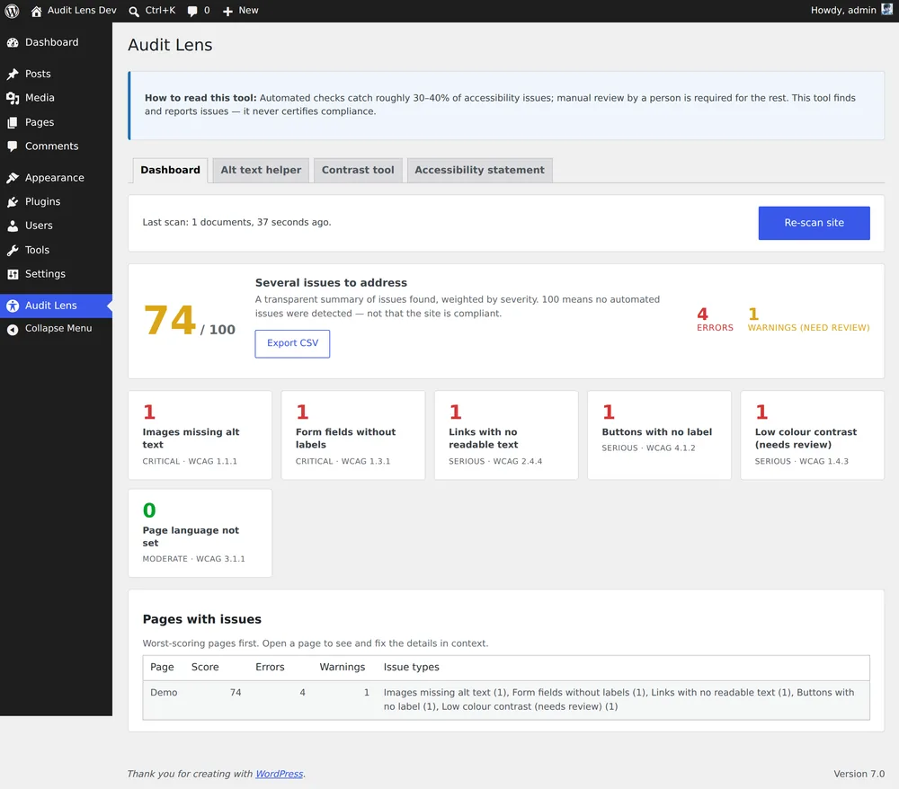 Site-wide accessibility dashboard listing the top-six detected WCAG issues in plain language.