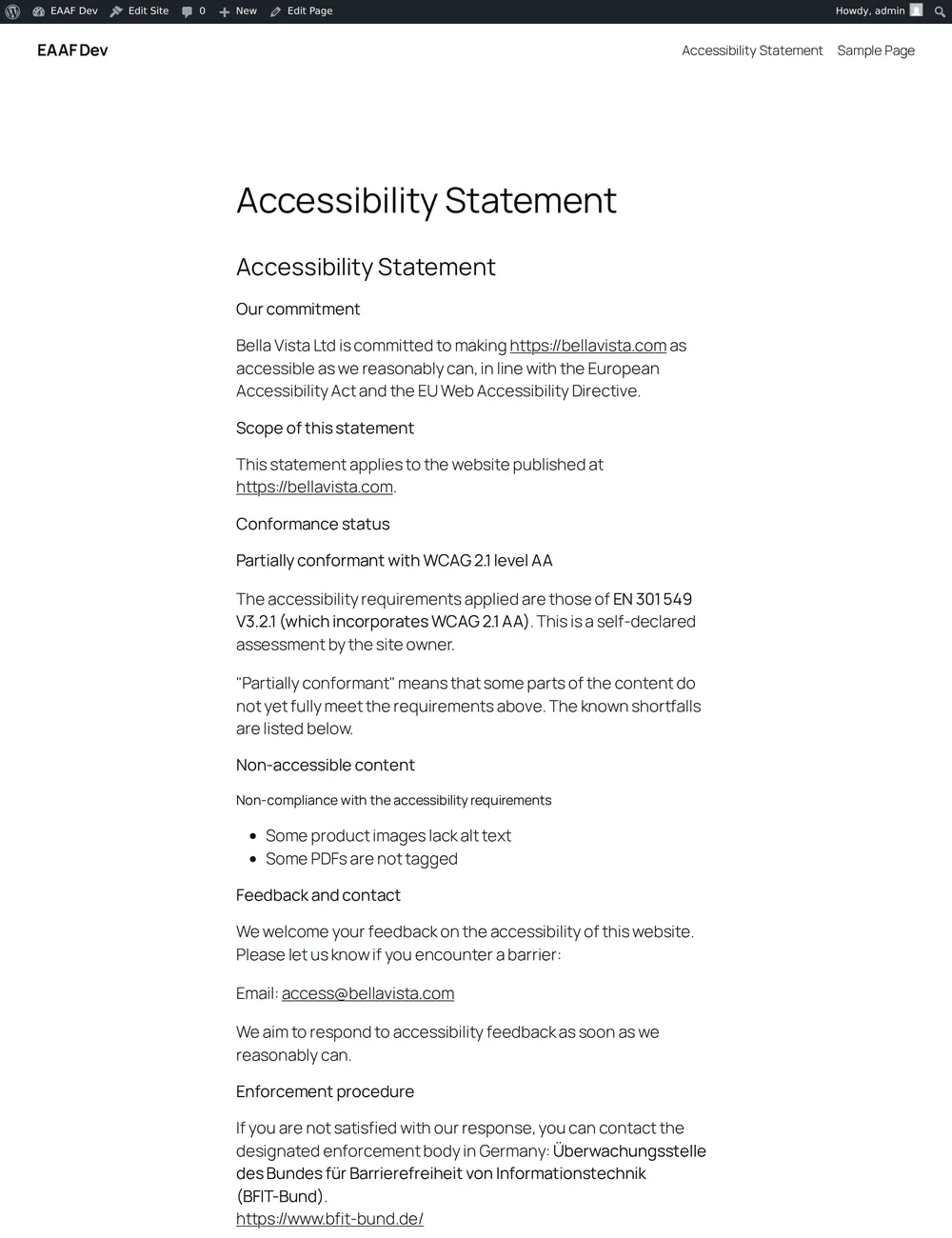 A published accessibility statement page with a feedback form and enforcement-body contacts for EU member states.