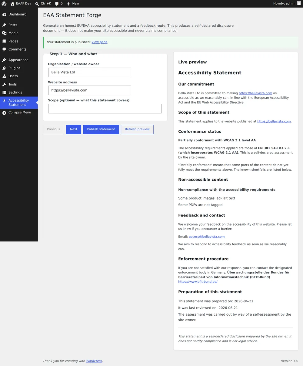 The step-by-step wizard generating a formal accessibility statement from the official EU template.