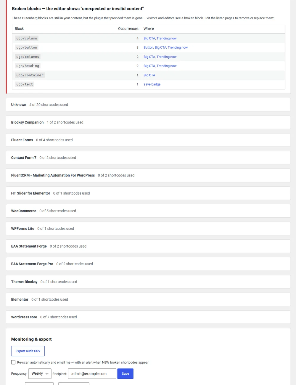 Orphaned Gutenberg blocks whose source plugin is gone, with the exact page each one appears on.