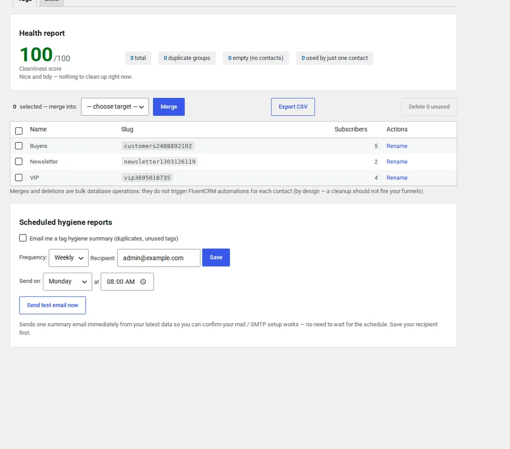 Tag Toolbox Pro health score with auto-merge rules and a scheduled hygiene report.