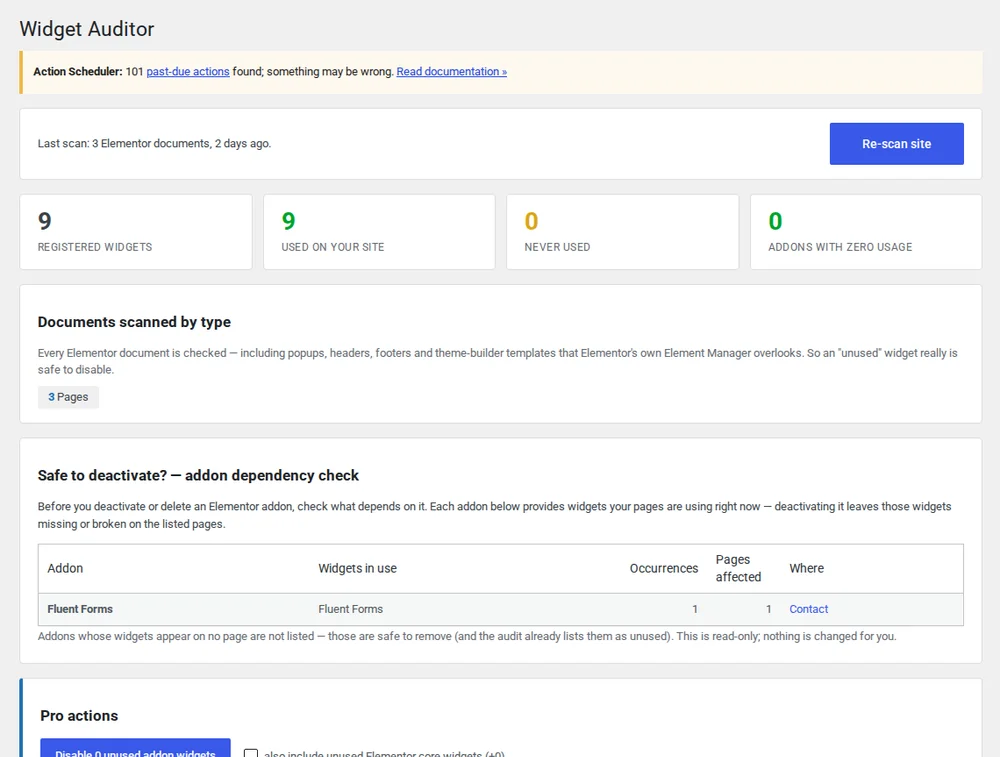 A list of Elementor addon widgets with the pages each one is used on and its source plugin.