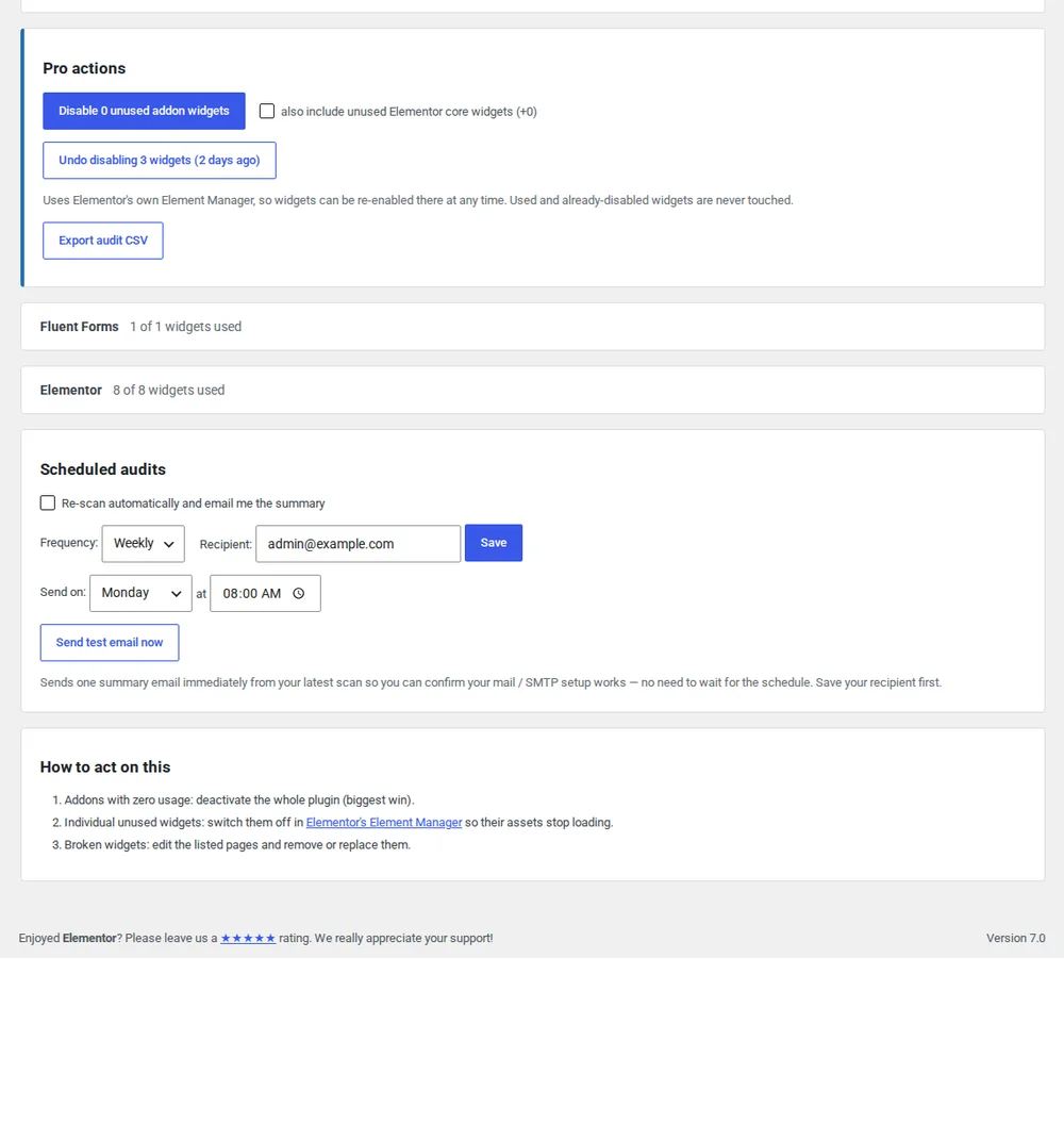 Widget Auditor Pro checking page dependencies before an addon is deactivated, with scheduled scans.