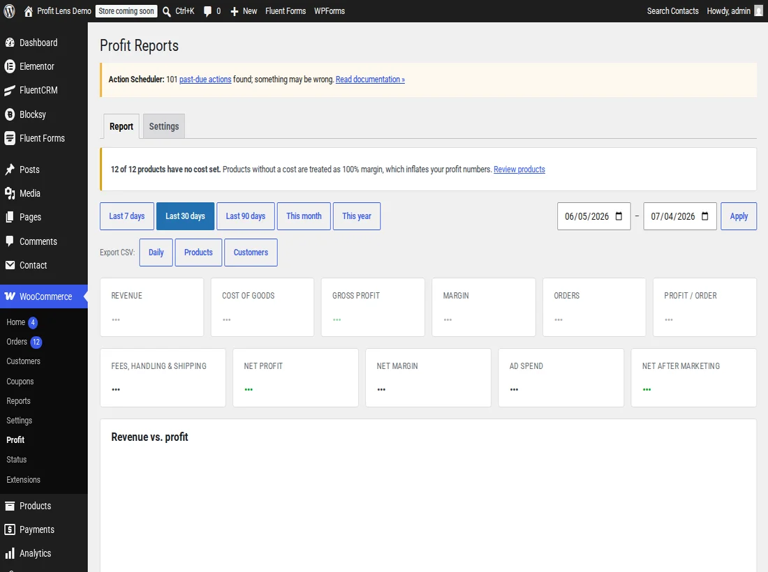 The Profit Lens gross-profit dashboard showing net profit, per-order profit and top products by margin.