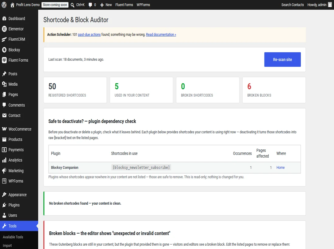Shortcode & Block Auditor listing broken shortcodes and blocks left behind by removed plugins, and where each appears.