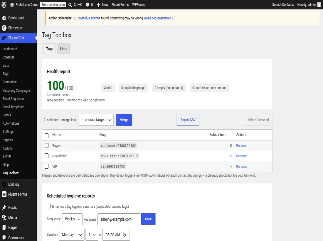The Tag Toolbox health-score screen showing cleanup suggestions for duplicate and unused tags.